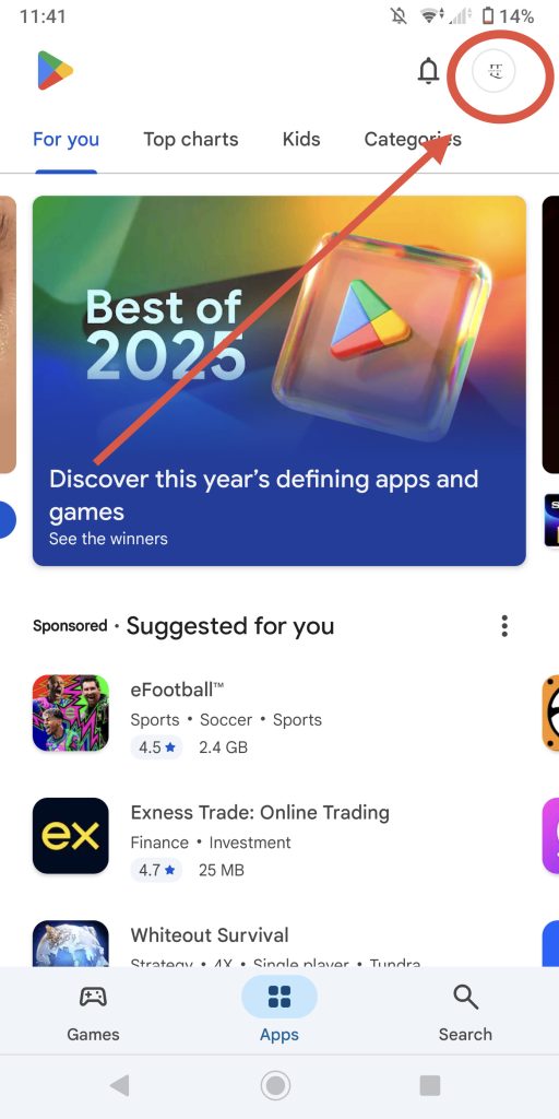 Navigating to payments and subscriptions in Google Play to enter a redeem code