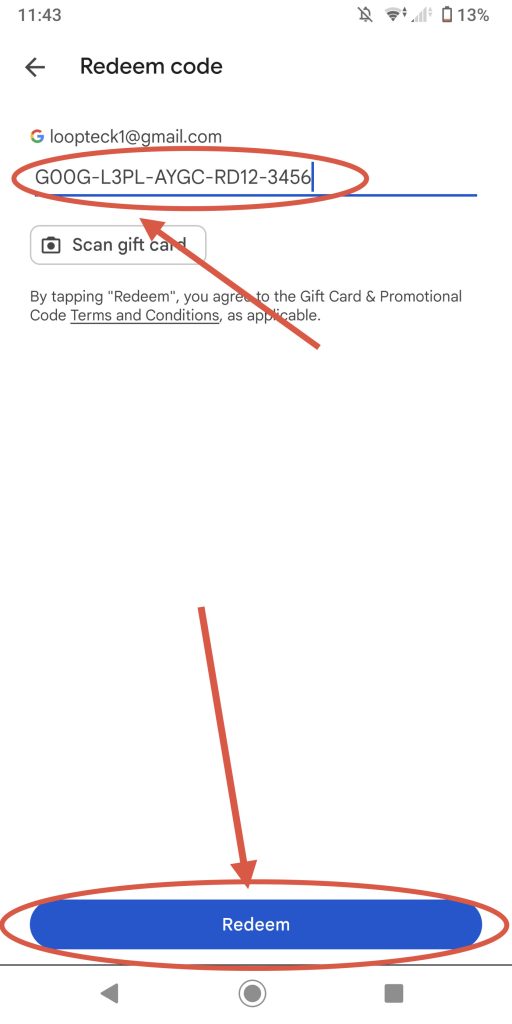 Google Play balance updated after successful gift card redeem code redemption