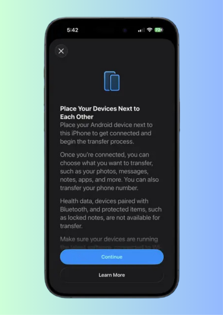 iOS 26.3 features showing iPhone to Android wireless transfer tool