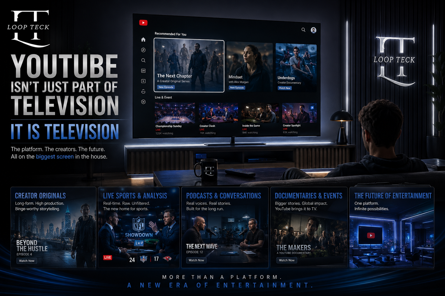Smart TV displaying YouTube alongside major streaming competitors in a modern living room.