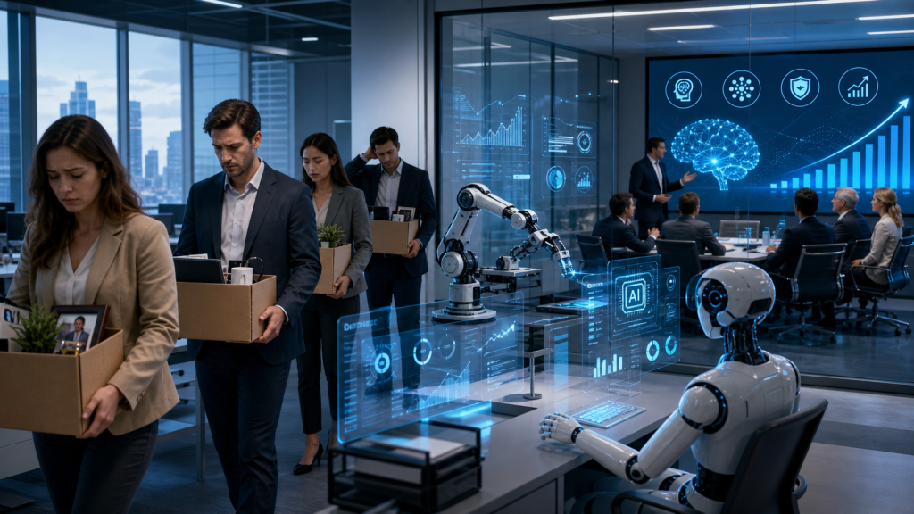 AI layoffs and AI washing concept showing workers, automation, and business restructuring