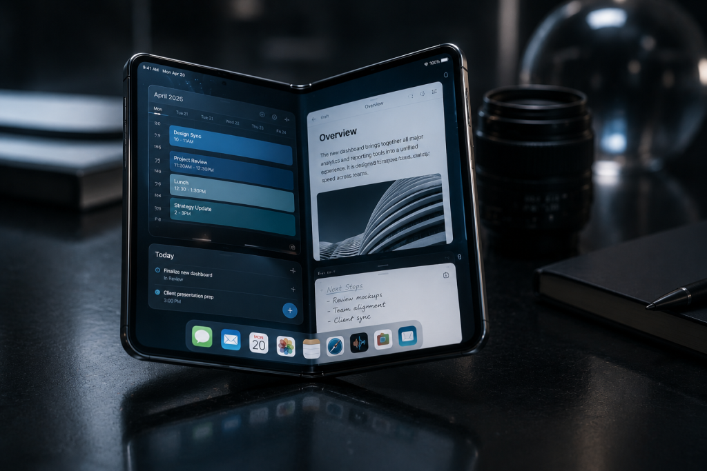 Foldable iPhone running redesigned iOS 27 multitasking