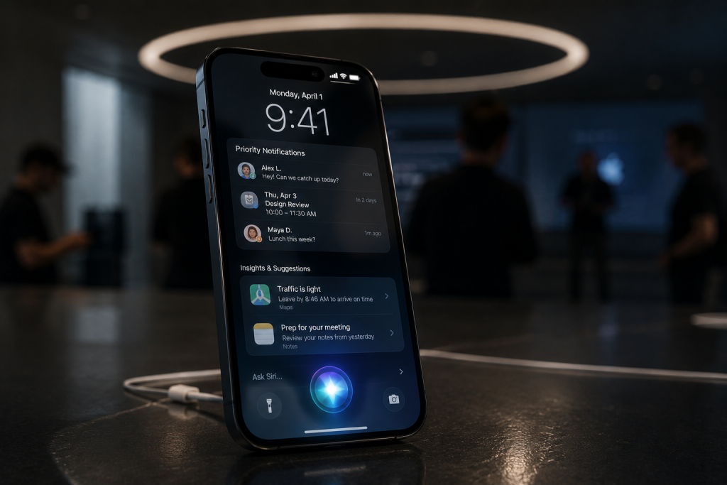 Apple Intelligence interface on futuristic iPhone