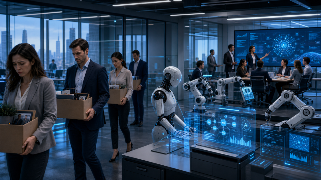 Artificial intelligence job displacement and future of work concept