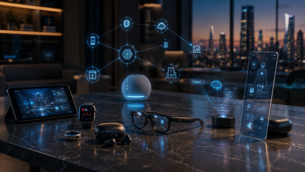 A futuristic city where people use AI wearables, smart glasses, and ambient computing instead of traditional smartphones.