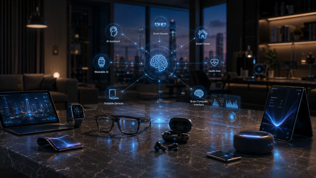 A smartphone fading into the background while AI wearables, smart glasses, and digital assistants take center stage.