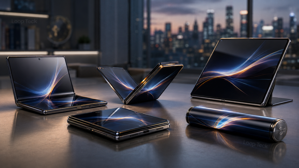 A futuristic foldable smartphone transforming into a tablet with a flexible OLED display.