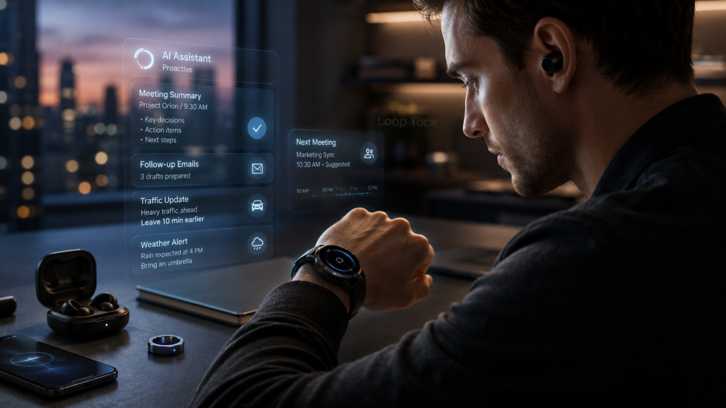 Smartwatch, AI earbuds, smart ring, and smart glasses working together as an intelligent wearable ecosystem.