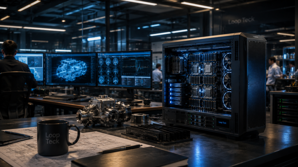 Enterprise workstation running Windows 11 Pro for Workstations with professional multi-core processors designed for AI, engineering, and scientific computing.