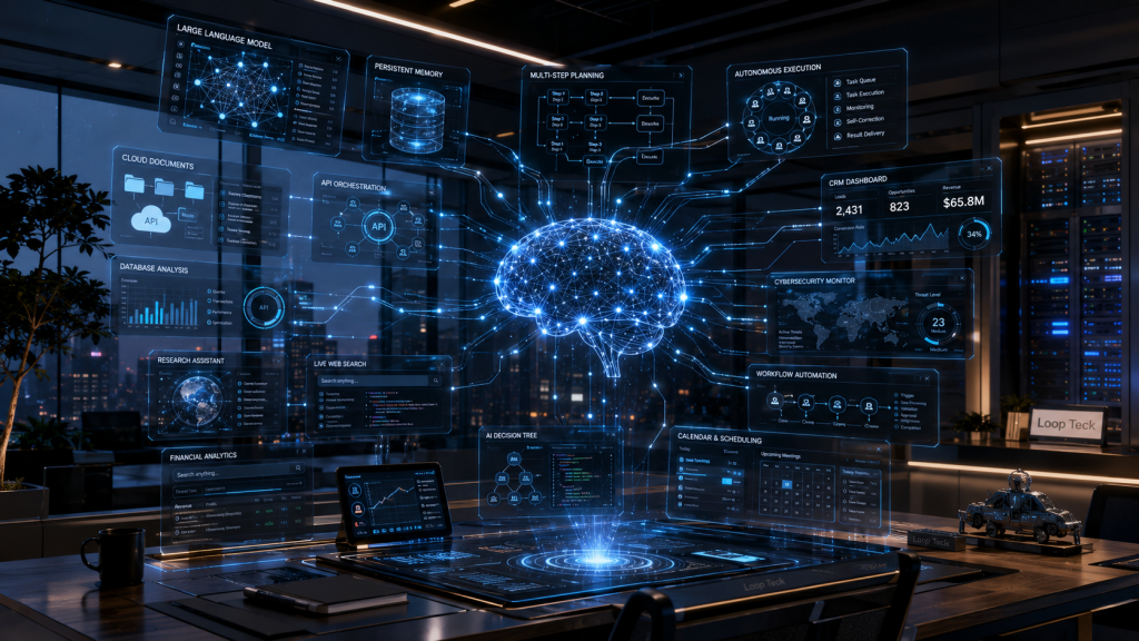 AI agents collaborating in a multi-agent system where specialized planning, coding, testing, cybersecurity, documentation, and deployment agents complete software projects together.