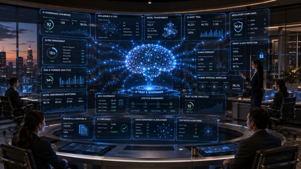 AI agents collaborating across finance, marketing, software development, cybersecurity, legal, customer support, and research in the future digital workplace.