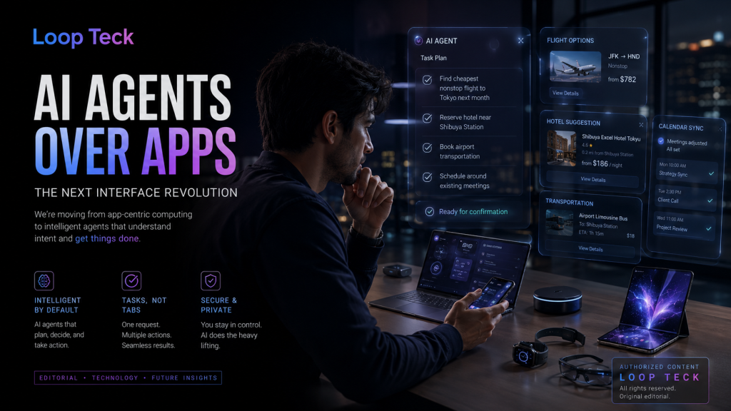 A futuristic AI assistant interacting with multiple digital services without requiring individual smartphone apps.