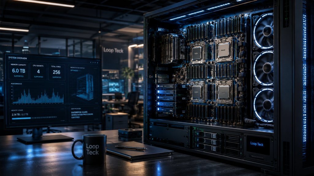 Comparison showing Windows 11 Pro for Workstations supporting up to 6TB RAM, four CPU sockets, and 256 processor cores for enterprise workloads.