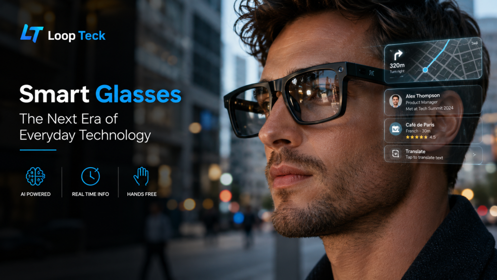 A person wearing AI-powered smart glasses displaying navigation and real-time digital information.