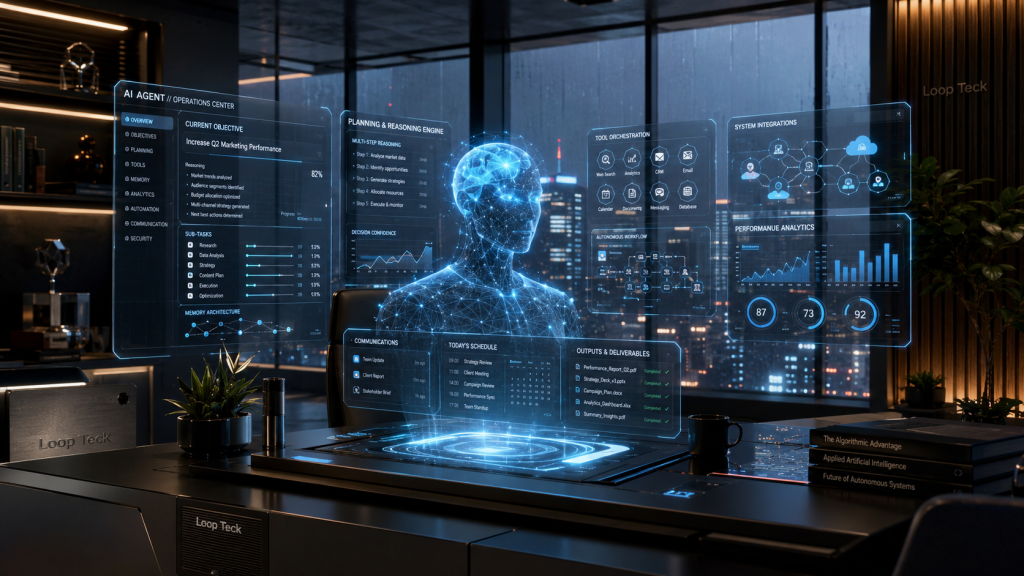 Generative AI 2026 illustration showing AI agents using large language models, memory, reasoning, planning, and tool integration to automate complex enterprise workflows.