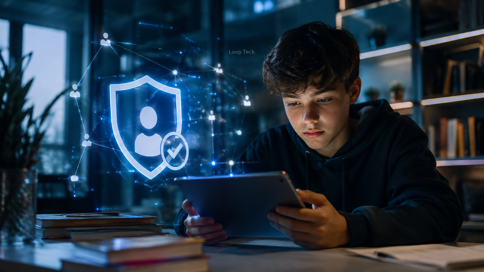 Teen using AI technology with age-appropriate safety protections and educational guidance