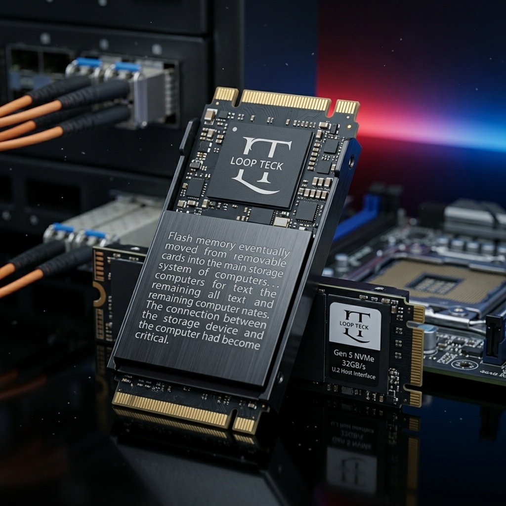 IBM-era mechanical hard drive concept compared with a modern compact NVMe SSD.